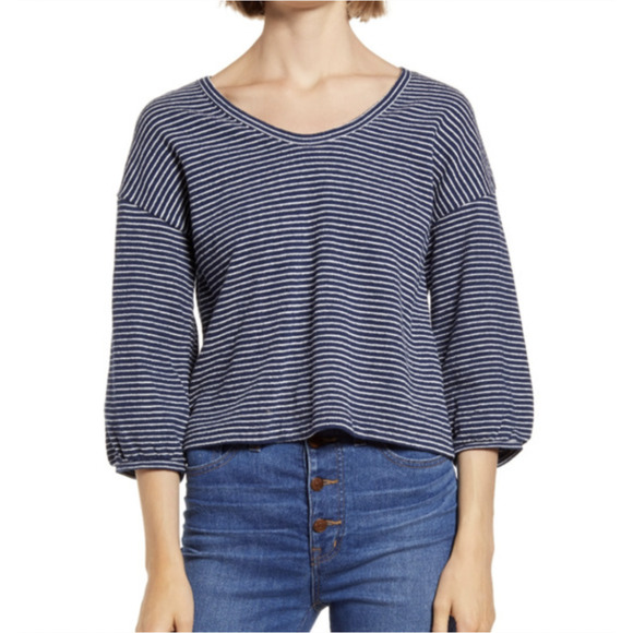 Madewell Wild Ginger Striped Shirt Women's Size M Puffed Mid Sleeve U Neck Top - Picture 1 of 13